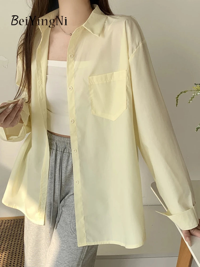 Beiyingni 2024 Spring Autumn Women Shirts White Plain Loose Oversized Blouses Female Tops Loose BF Korean Style Blusas Pockets
