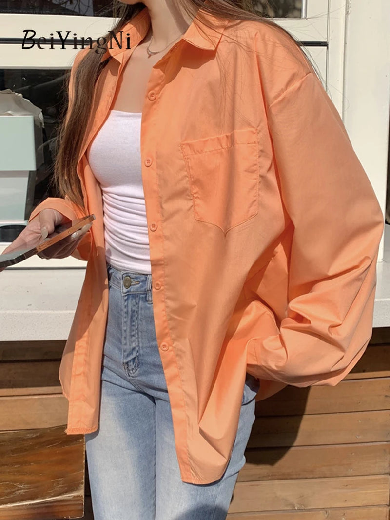 Beiyingni 2024 Spring Autumn Women Shirts White Plain Loose Oversized Blouses Female Tops Loose BF Korean Style Blusas Pockets