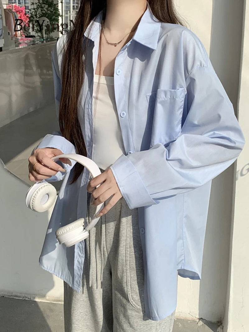 Beiyingni 2024 Spring Autumn Women Shirts White Plain Loose Oversized Blouses Female Tops Loose BF Korean Style Blusas Pockets
