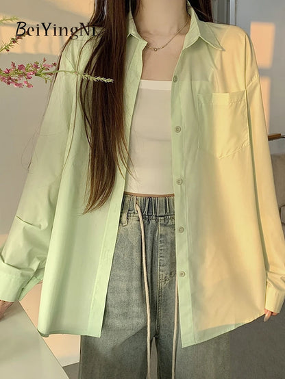 Beiyingni 2024 Spring Autumn Women Shirts White Plain Loose Oversized Blouses Female Tops Loose BF Korean Style Blusas Pockets