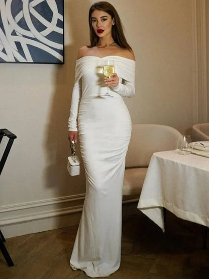 Tossy White Pleated Slim Maxi Dress Elegant for Women Patchwork Off-Shoulder Fashion High Waist Dress Ladies Solid Party Dress