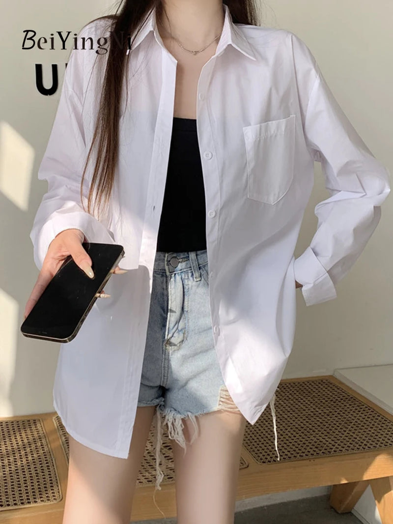 Beiyingni 2024 Spring Autumn Women Shirts White Plain Loose Oversized Blouses Female Tops Loose BF Korean Style Blusas Pockets