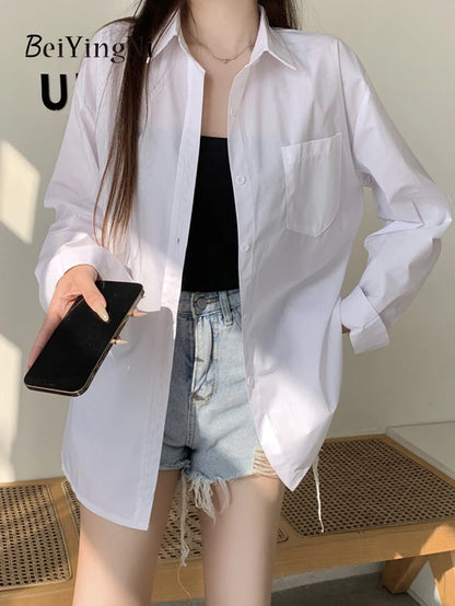 Beiyingni 2024 Spring Autumn Women Shirts White Plain Loose Oversized Blouses Female Tops Loose BF Korean Style Blusas Pockets