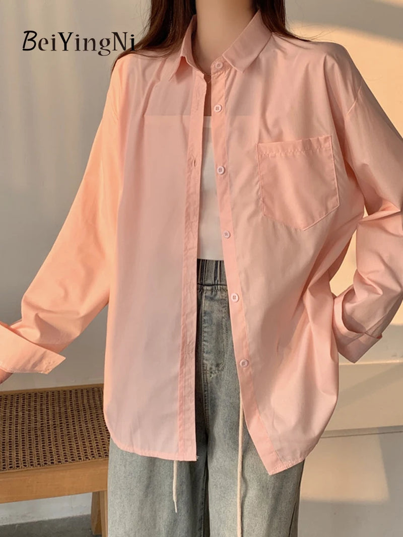 Beiyingni 2024 Spring Autumn Women Shirts White Plain Loose Oversized Blouses Female Tops Loose BF Korean Style Blusas Pockets
