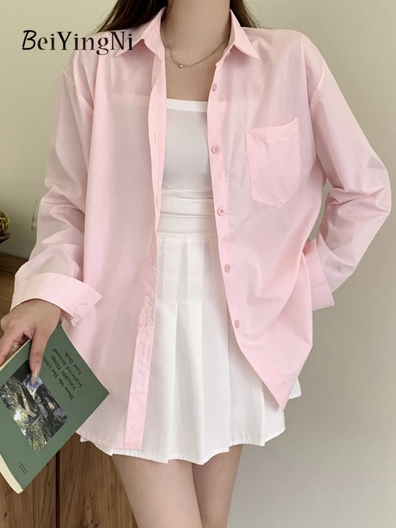 Beiyingni 2024 Spring Autumn Women Shirts White Plain Loose Oversized Blouses Female Tops Loose BF Korean Style Blusas Pockets