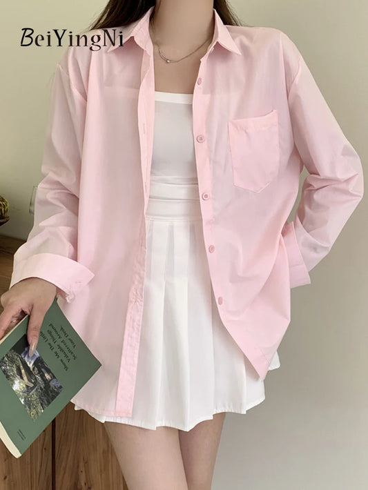 Beiyingni 2024 Spring Autumn Women Shirts White Plain Loose Oversized Blouses Female Tops Loose BF Korean Style Blusas Pockets