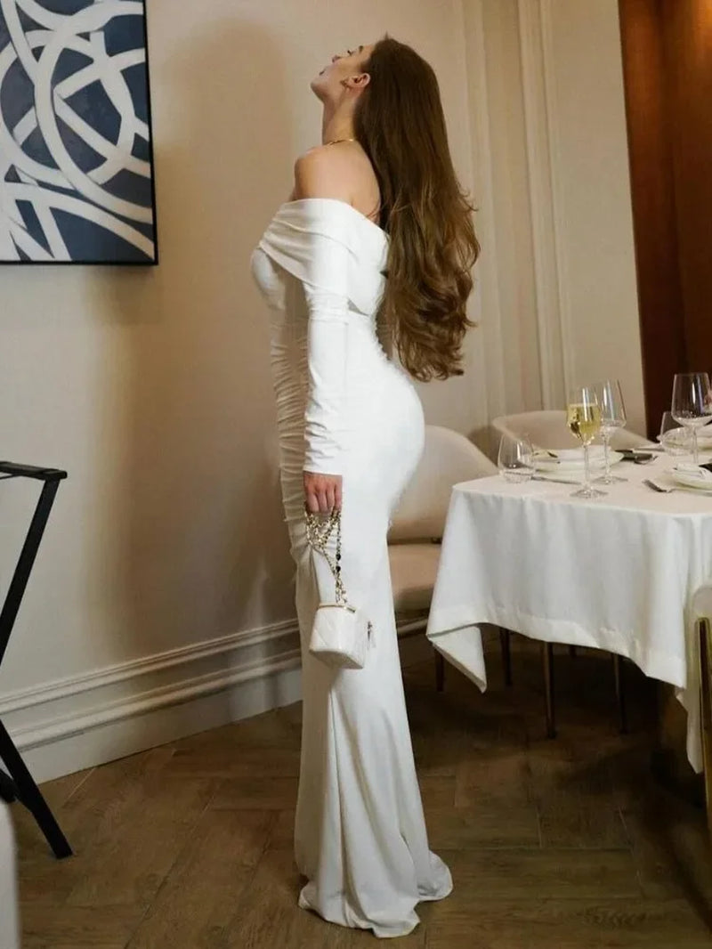 Tossy White Pleated Slim Maxi Dress Elegant for Women Patchwork Off-Shoulder Fashion High Waist Dress Ladies Solid Party Dress