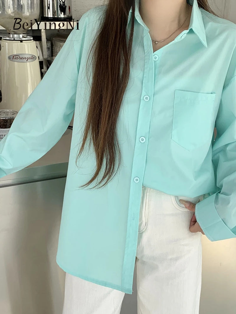 Beiyingni 2024 Spring Autumn Women Shirts White Plain Loose Oversized Blouses Female Tops Loose BF Korean Style Blusas Pockets
