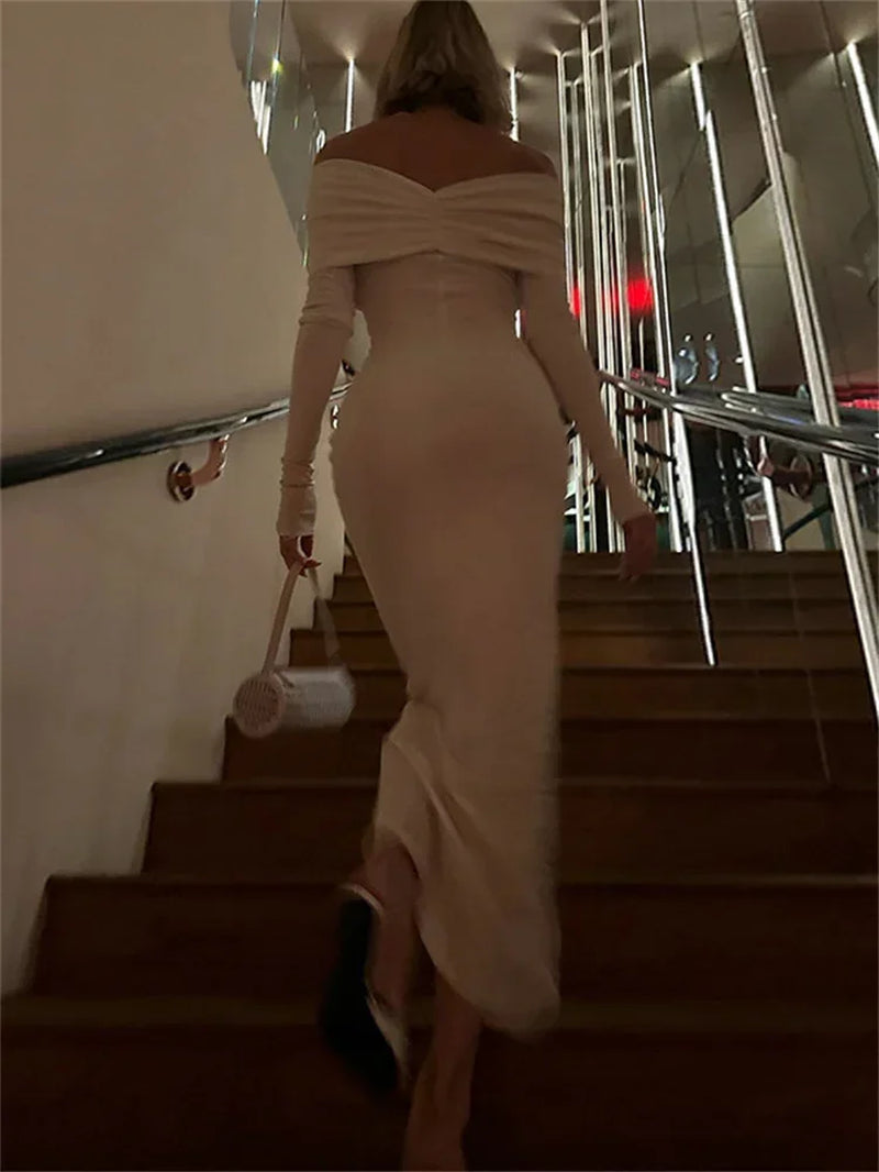 Tossy White Pleated Slim Maxi Dress Elegant for Women Patchwork Off-Shoulder Fashion High Waist Dress Ladies Solid Party Dress