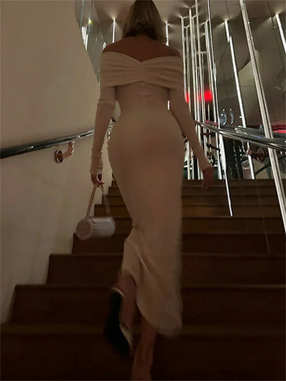 Tossy White Pleated Slim Maxi Dress Elegant for Women Patchwork Off-Shoulder Fashion High Waist Dress Ladies Solid Party Dress