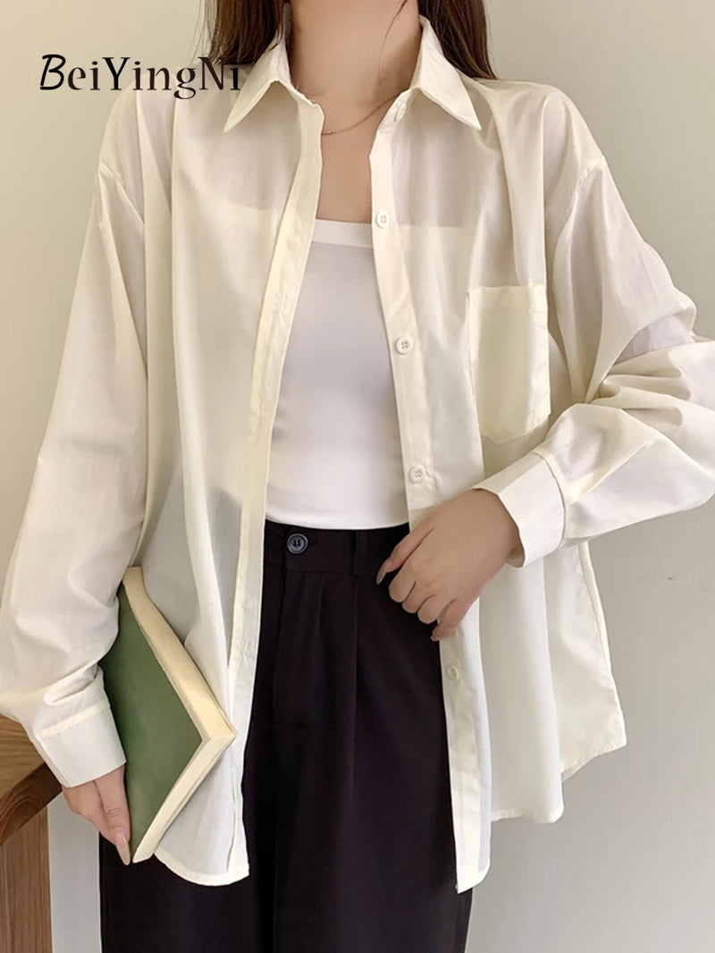 Beiyingni 2024 Spring Autumn Women Shirts White Plain Loose Oversized Blouses Female Tops Loose BF Korean Style Blusas Pockets