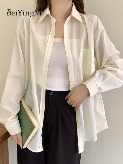 Beiyingni 2024 Spring Autumn Women Shirts White Plain Loose Oversized Blouses Female Tops Loose BF Korean Style Blusas Pockets