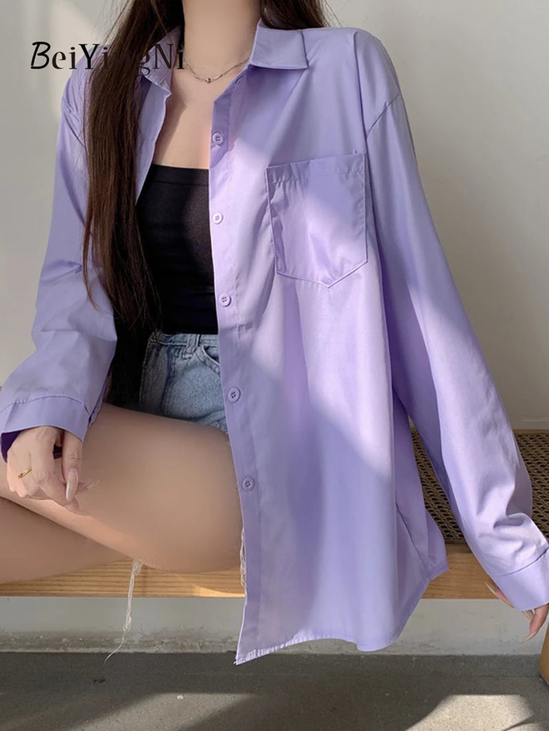 Beiyingni 2024 Spring Autumn Women Shirts White Plain Loose Oversized Blouses Female Tops Loose BF Korean Style Blusas Pockets