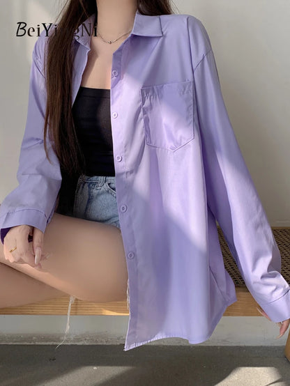 Beiyingni 2024 Spring Autumn Women Shirts White Plain Loose Oversized Blouses Female Tops Loose BF Korean Style Blusas Pockets